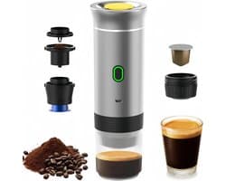Draagbaar koffiezetapparaat, 3-in-1 elektrisch koffiezetapparaat, geschikt voor koffiecapsules en gemalen koffie, ondersteunt koud zetten en verwarmen (zilver).