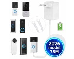 Dutchers® Video deurbel verbeterde 2026 versie adapter - 7.5M snoer - Eufy en Ring deurbel adapter - Voeding deurbel - Stroom adapter deurbel - Doorbel power adapter - 230v-18v - AC230V, 50Hz , 500mA - Universeel transformator - voor deurbel - Wit