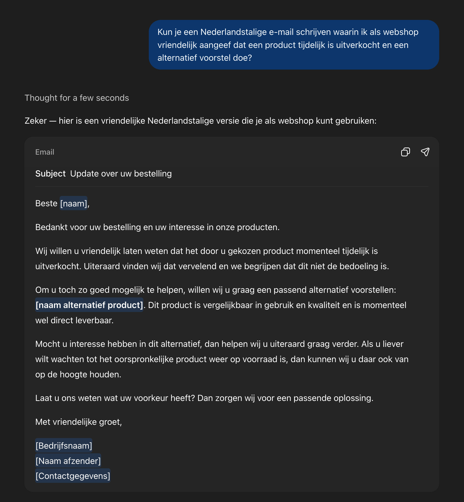 ChatGPT reageert op een Nederlandse prompt