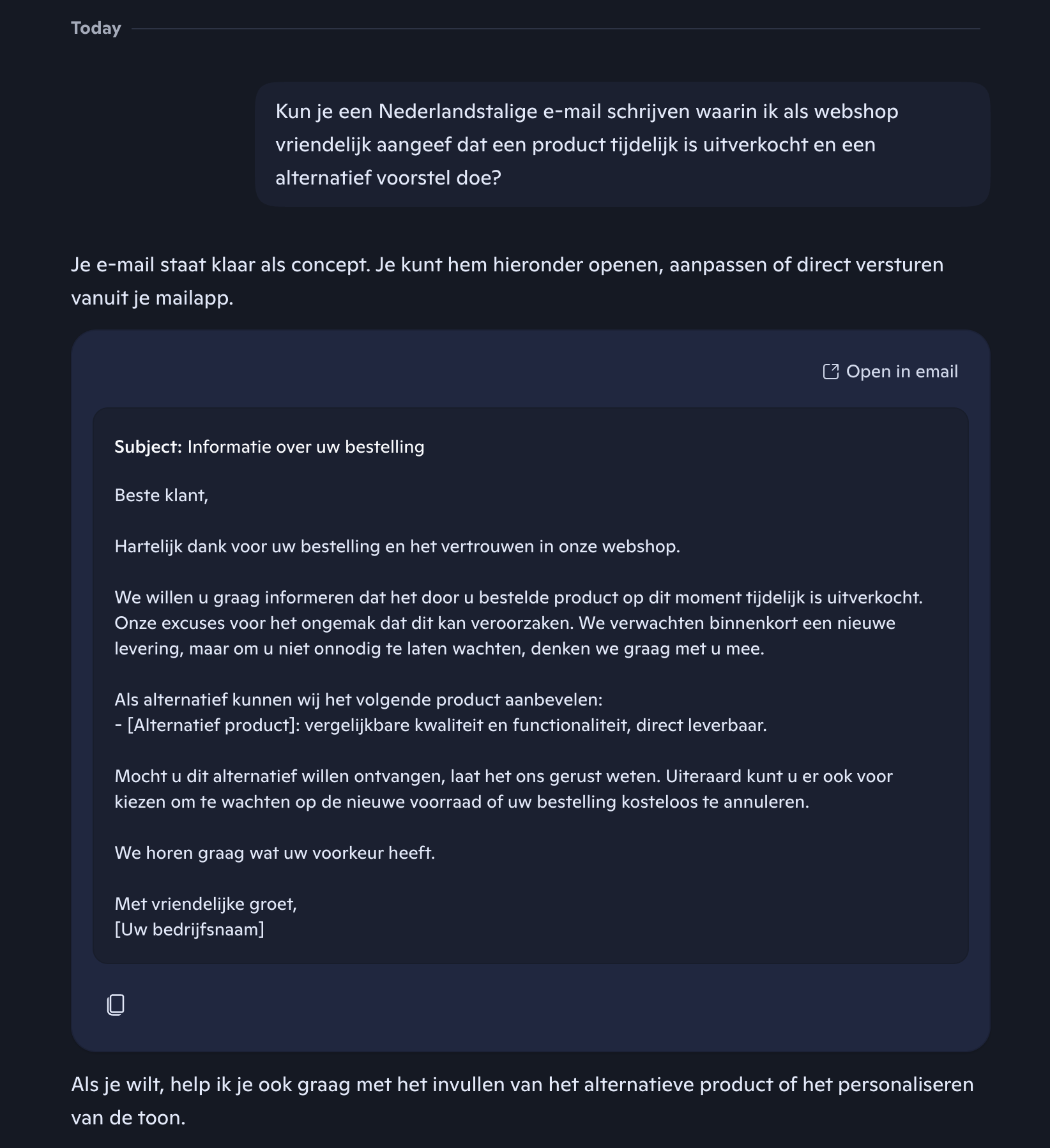 Copilot reageert op een Nederlandse prompt