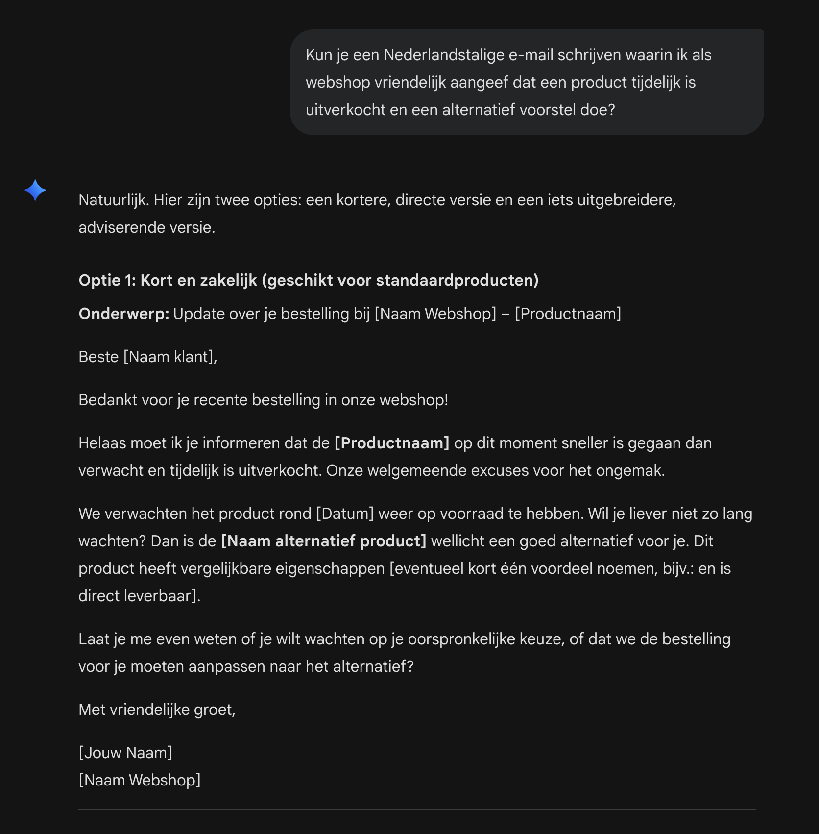 Gemini reageert op een Nederlandse prompt