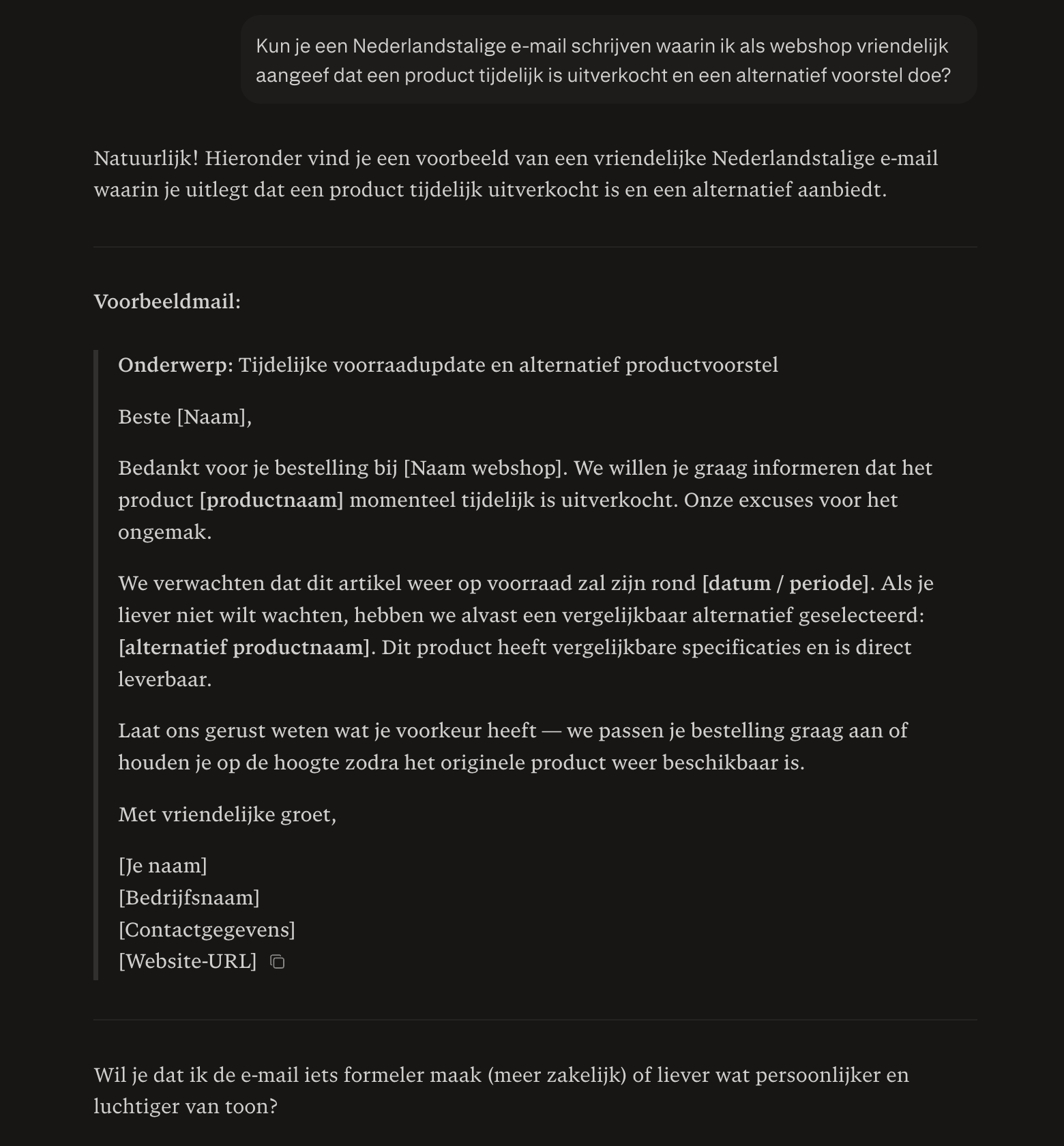 Perplexity reageert op een Nederlandse prompt