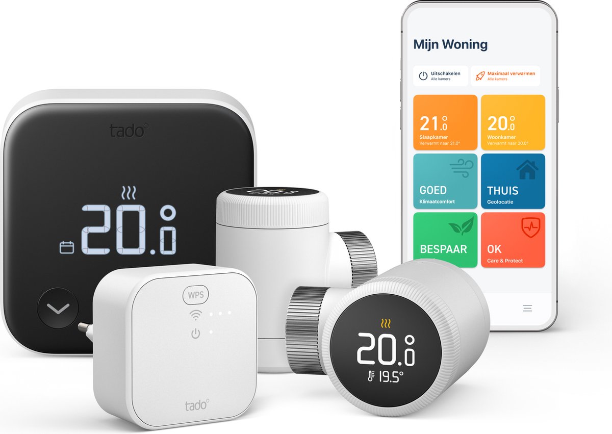 tado° Slimme Thermostaat Multi-Room Starterskit - Smart Thermostaat X - 2 Radiatorknoppen - incl. Matter Bridge - werkt met Google Home, Alexa & Apple Homekit - Bedrade variant - Zwart/Wit