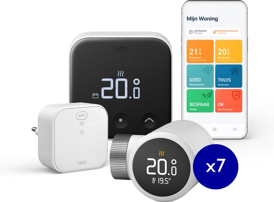 tado° Slimme Thermostaat X Bundel - Starterskit - Smart Thermostaat - incl. Matter Bridge - werkt met Google Home, Alexa & Apple Homekit - Bedrade variant - 7 Radiatorknoppen - Zwart/Wit